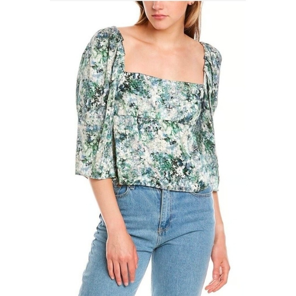 Vince Abstract Floral Print Square Neck Puff Sleeve Blouse Size 2 NWT